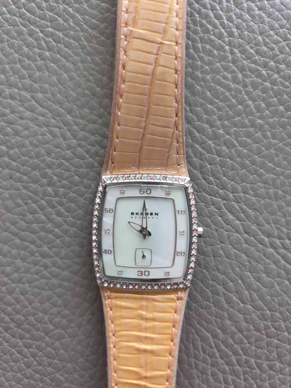 Skagen Silver Case with Peach Leather Strap and Pink Crystals